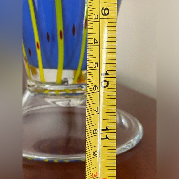 Gorgeous Cased Blue Vase w/ Yellow Pin Stripes Red Hand Blown Pontil Art Glass - Picture 11 of 12